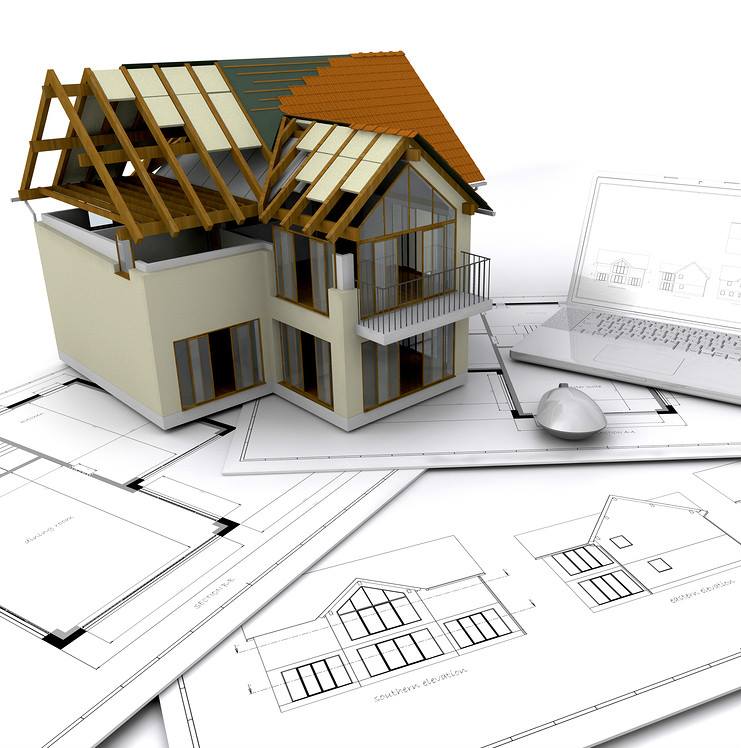 3D house model with an orange tiled roof and building plans