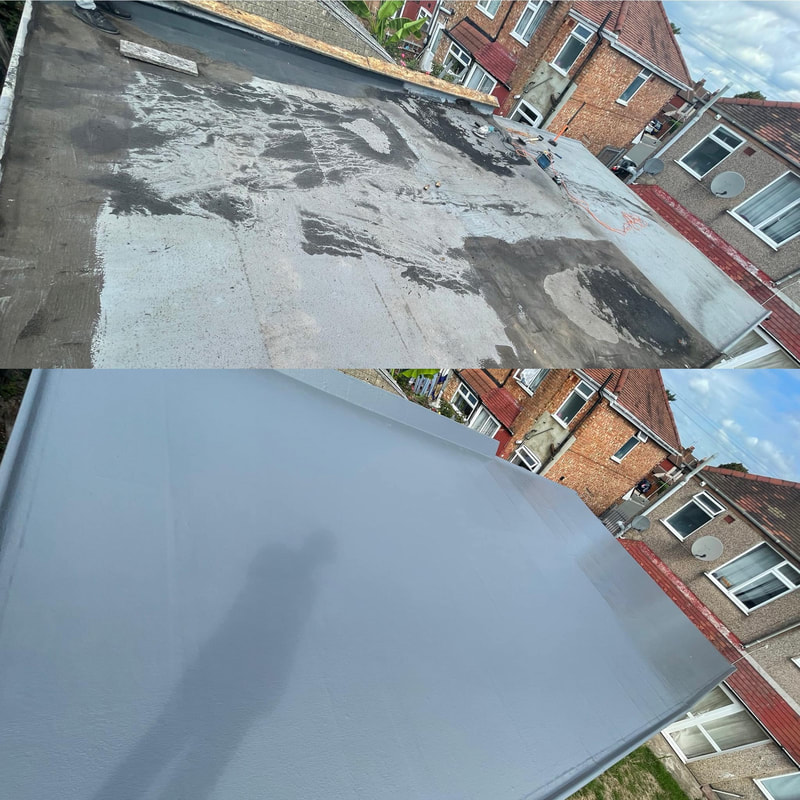 Before and after flat roof resurfacing